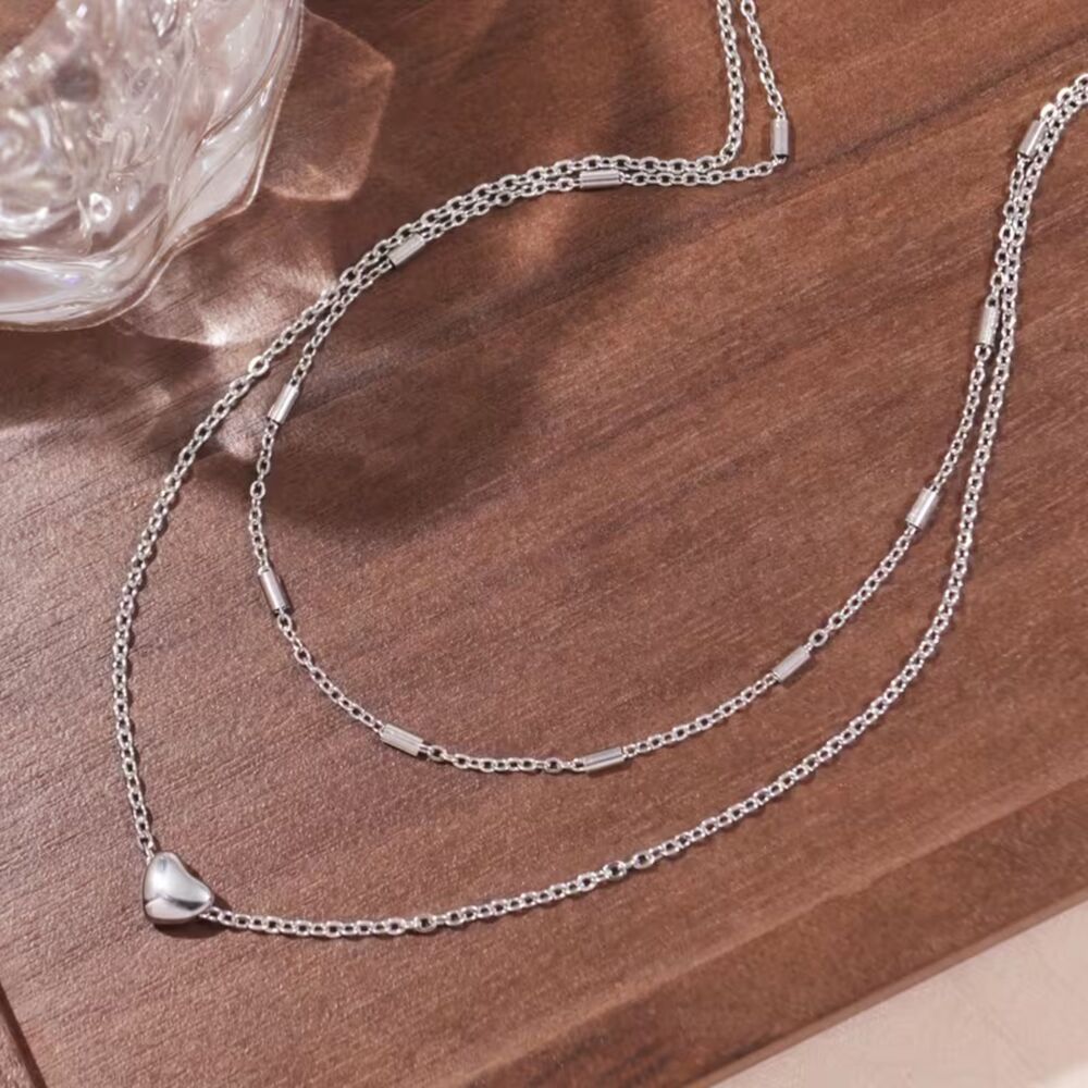 Silver Stainless Double Layer Necklace Heart Pendant Charm Adjstble Chain Choker